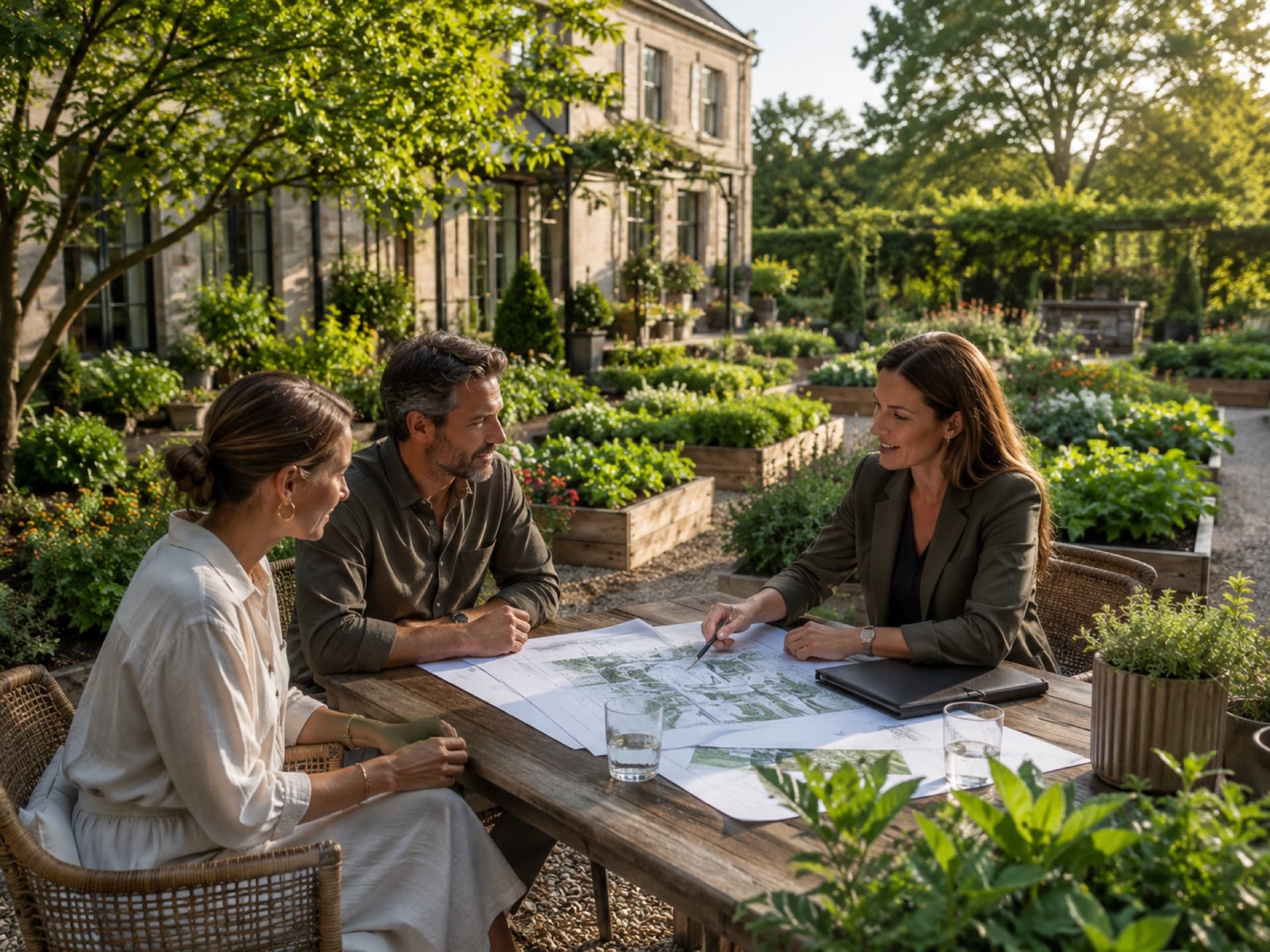 Garden designer reviewing architectural garden plans with clients at an outdoor table beside raised vegetable beds and a stone manor house