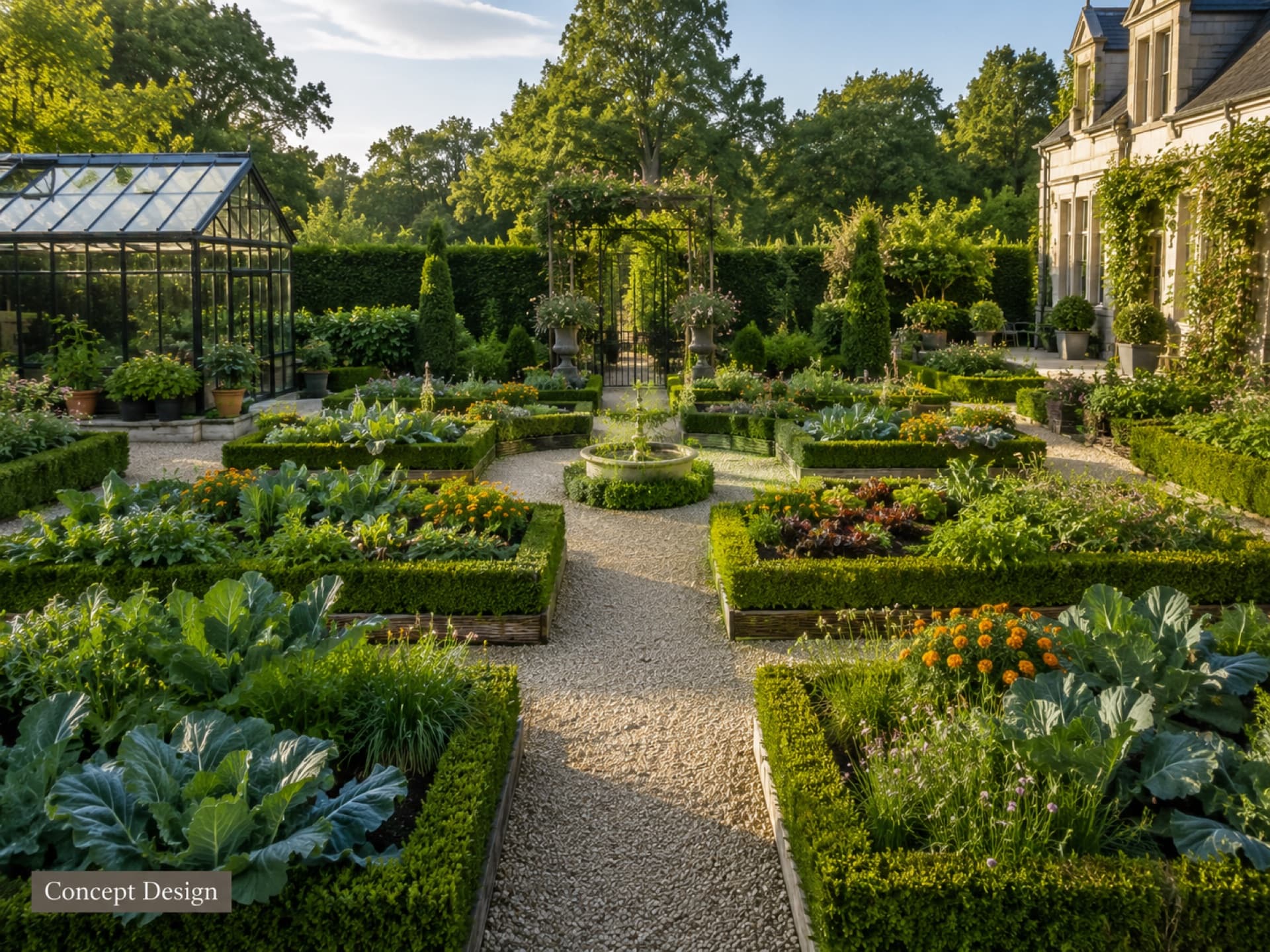 Formal luxury French potager garden with boxwood-edged beds, gravel paths, a central fountain, and a glass greenhouse beside a stone manor house