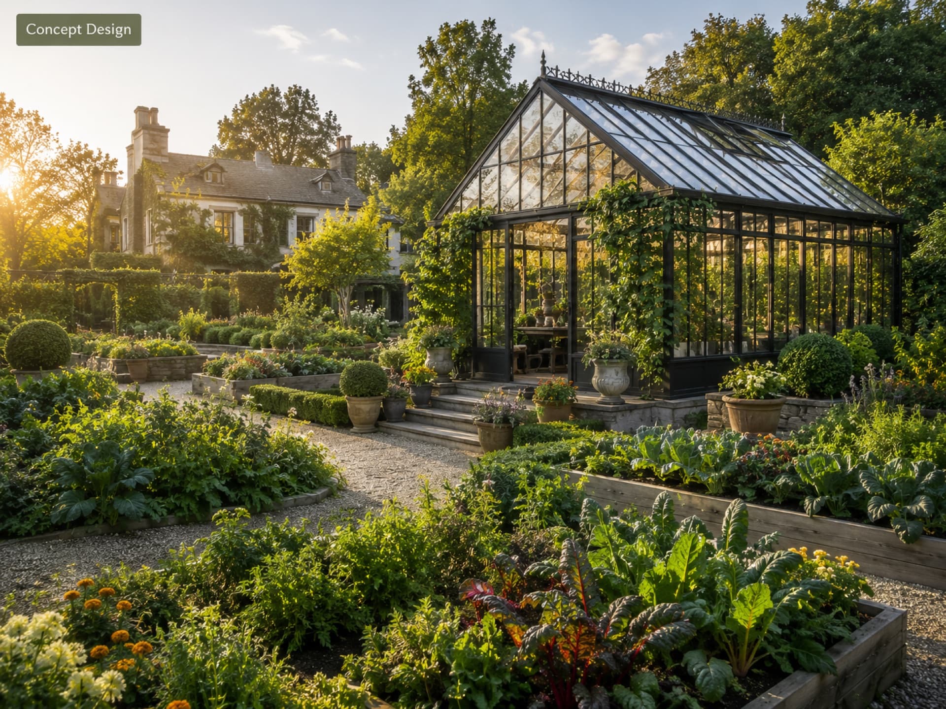 Victorian-style glass greenhouse centered in a raised-bed potager garden with gravel paths and a stone manor house at sunset