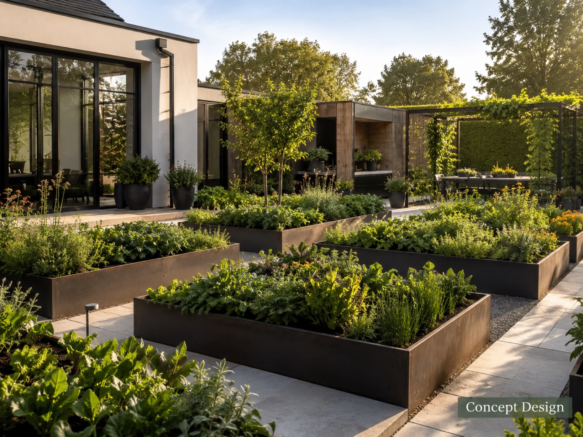 Modern kitchen garden with dark raised planter beds filled with leafy greens on stone pavers beside a contemporary home