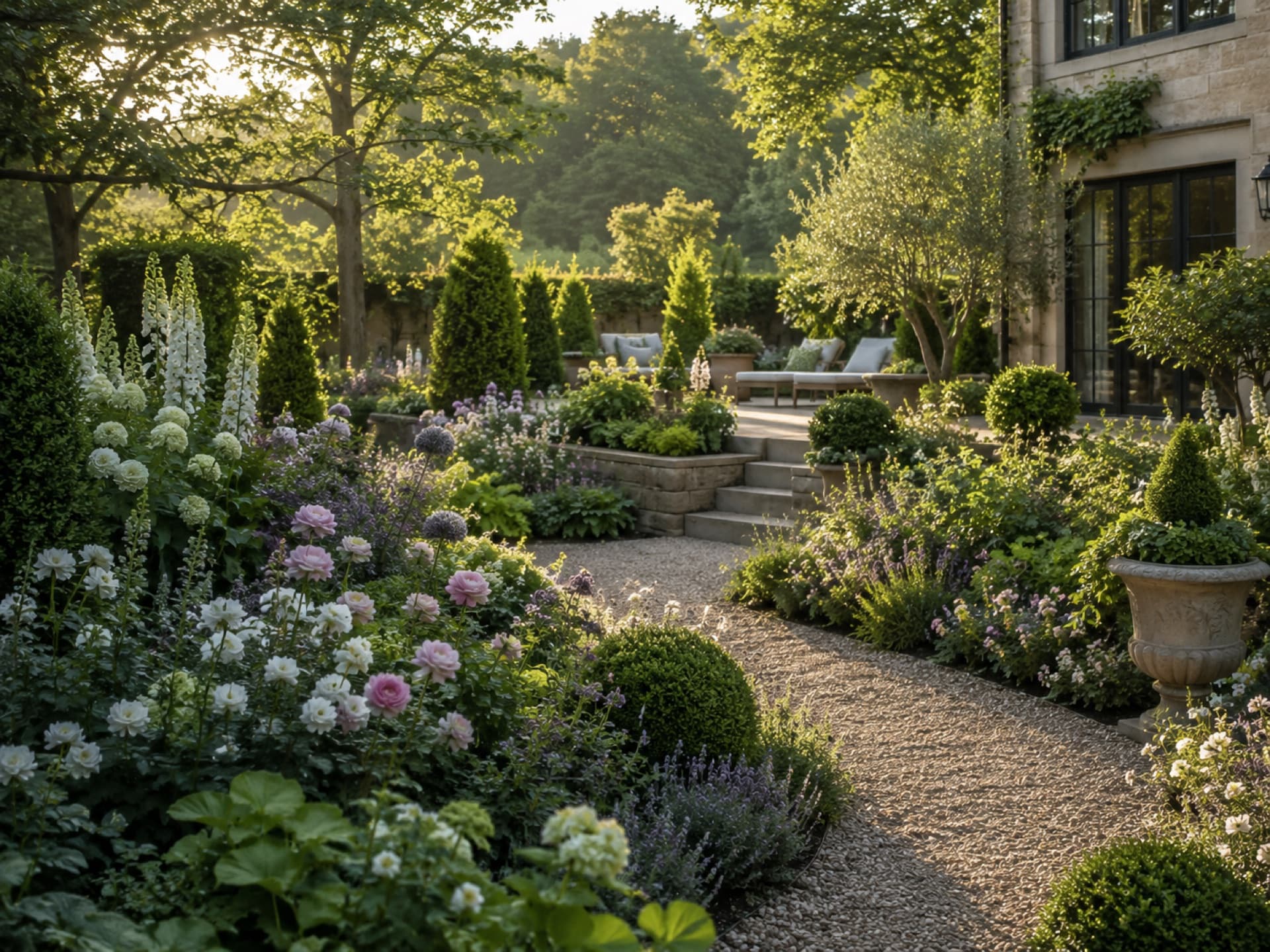 Elegant ornamental flower garden with layered blooms, gravel walkway, and stone architecture in warm evening light