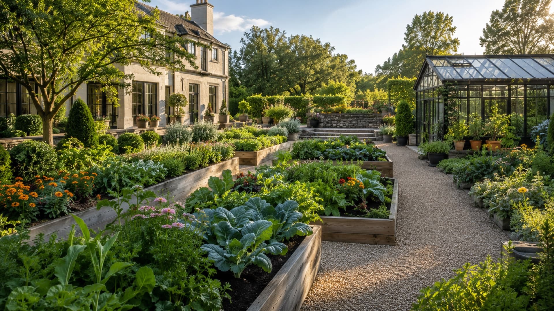 Architecturally composed estate garden with raised beds, greenhouse, stone terraces, and refined outdoor living structure
