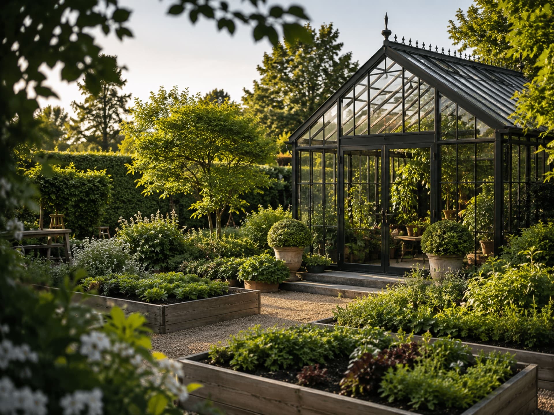 Black-framed luxury greenhouse with raised garden beds, terracotta planters, and gravel paths in golden afternoon light