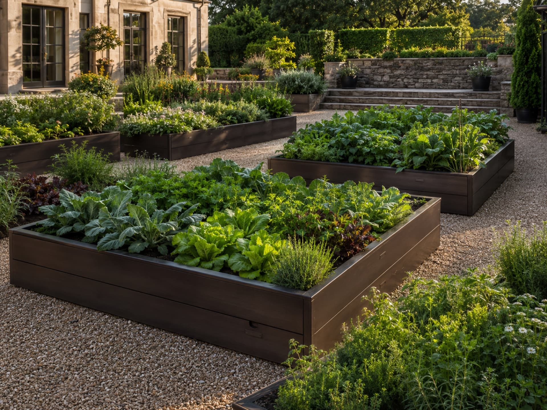 Luxury vegetable garden with dark raised beds filled with kale, lettuce, and herbs on a gravel path before a stone estate